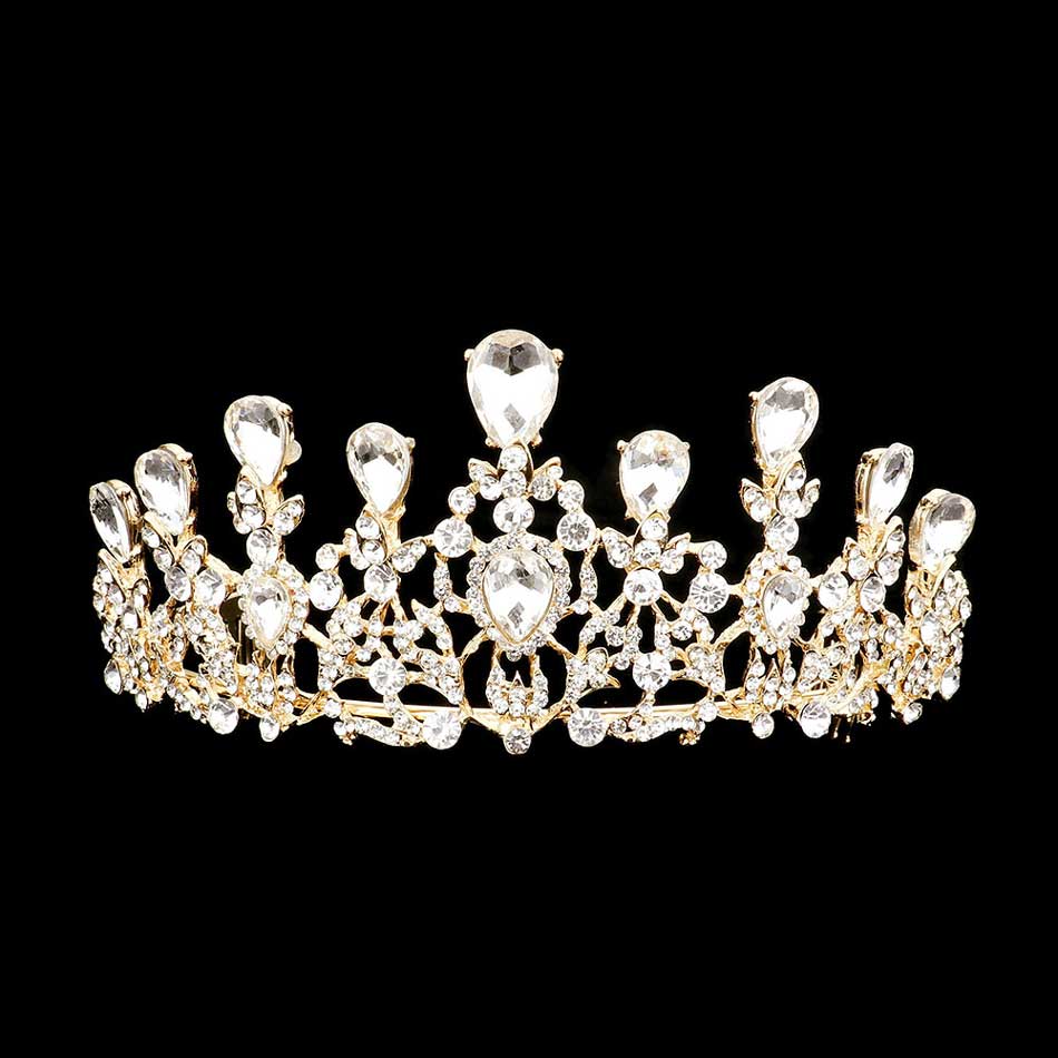 Gold Teardrop Stone Accented Princess Tiara, this princess tiara is a classic royal tiara made from gorgeous stone accented is the epitome of elegance. Exquisite design with beautiful color and brightness makes you more eye-catching in the crowd and will make you more charming and pretty without fail.