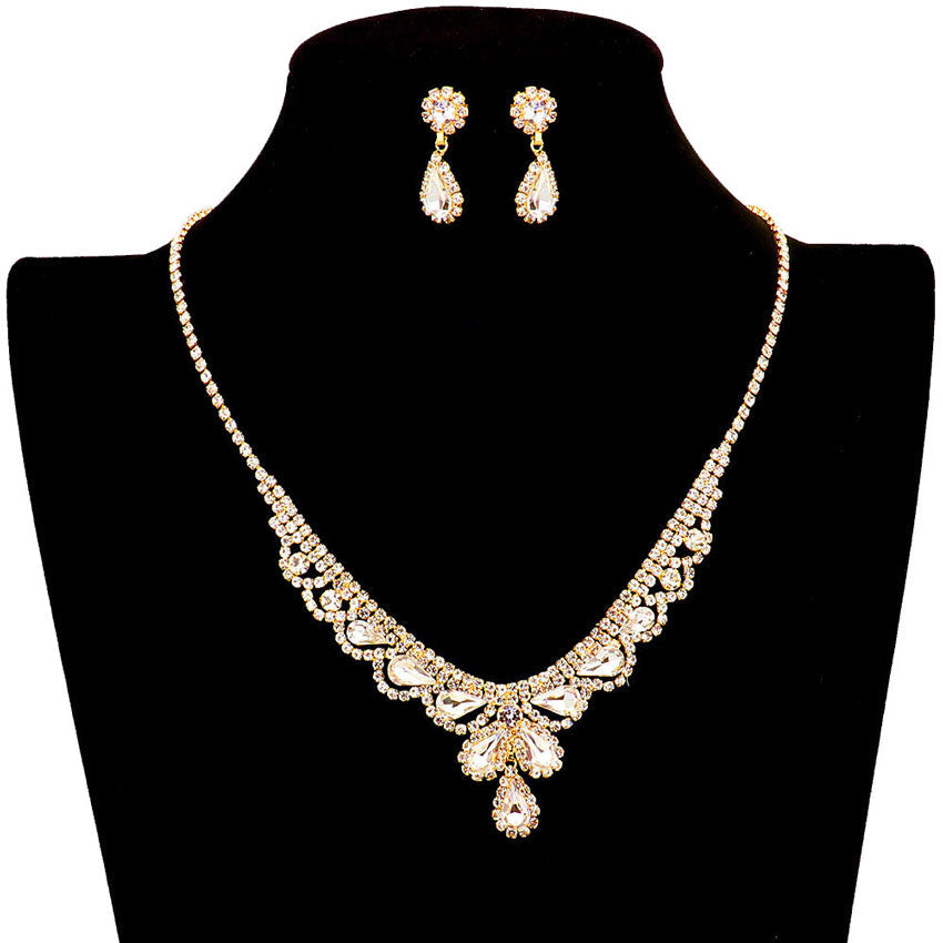 Gold Teardrop Stone Accented Rhinestone Necklace, stunning jewelry set will sparkle all night long making you shine out like a diamond. simple sophistication makes a standout addition to your collection, designed to accent the neckline adds a gorgeous stylish glow to any outfit style, jewelry that fits your lifestyle! Perfect Birthday Gift, Valentine's Day Gift, Anniversary Gift, Mother's Day Gift, Just Because Gift.