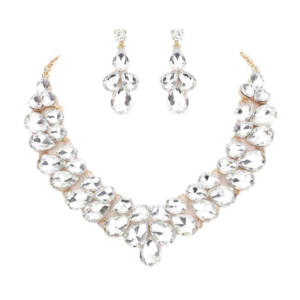 Gold Teardrop Stone Cluster Evening Necklace, These gorgeous Stone pieces will show your class in any special occasion. The elegance of these Stone goes unmatched, great for wearing at a party! stunning jewelry set will sparkle all night long making you shine out like a diamond. perfect for a night out or a black tie party. Awesome gift for  Birthday, Anniversary, Prom, Mother's Day Gift, Sweet 16, Wedding, Bridesmaid.