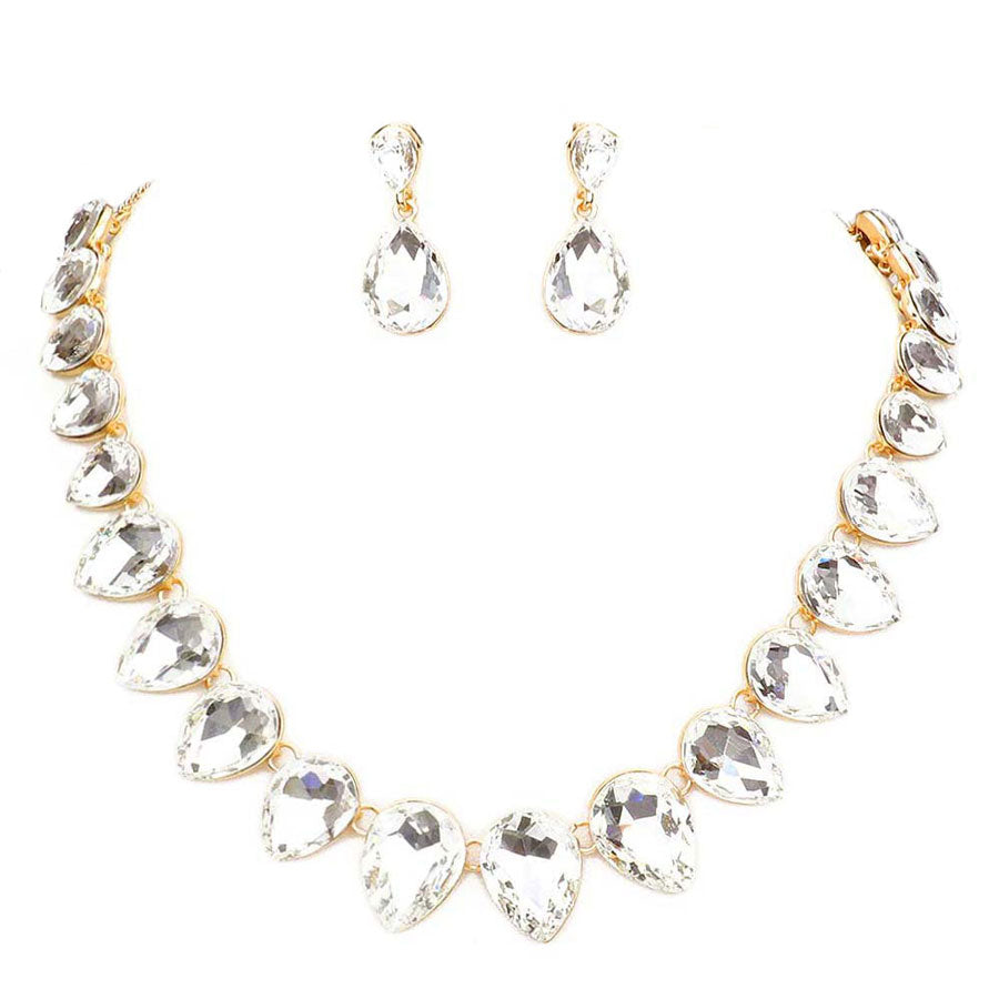 Gold Teardrop Stone Link Evening Necklace. Wear together or separate according to your event, versatile enough for wearing straight through the week, perfectly lightweight for all-day wear, coordinate with any ensemble from business casual to everyday wear, the perfect addition to every outfit.