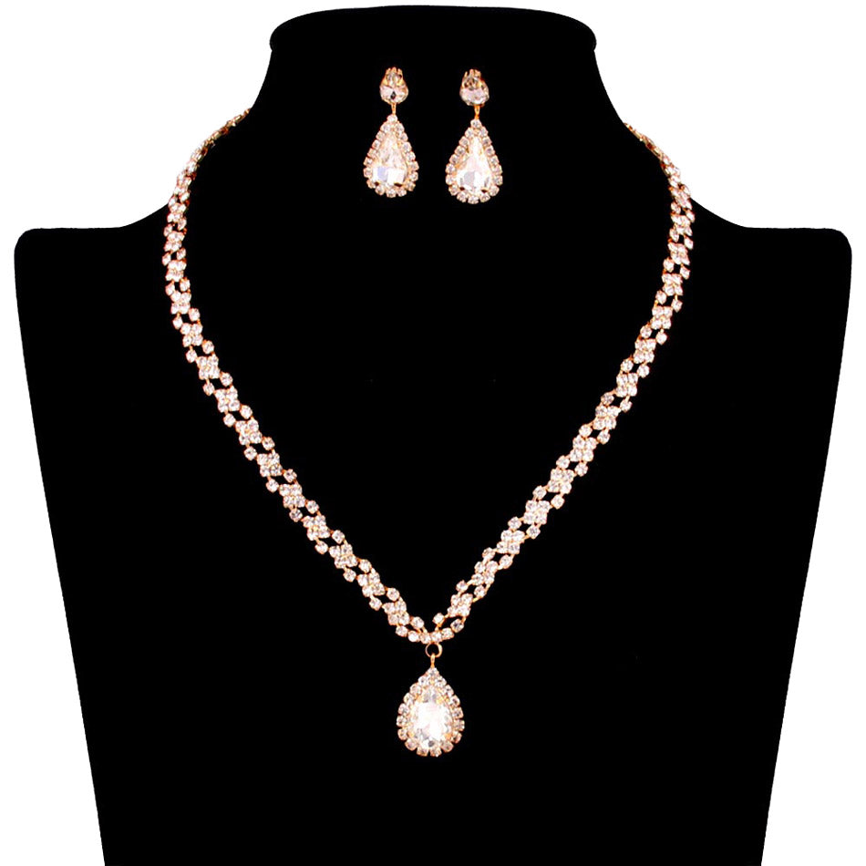 Gold Teardrop Stone Pendant Accented Rhinestone Pave Necklace, is a stunning jewelry set that will sparkle all night long making you shine like a diamond on special occasions. Wear together or separately according to your event with different outfits to add perfect luxe and class with incomparable beauty. 
