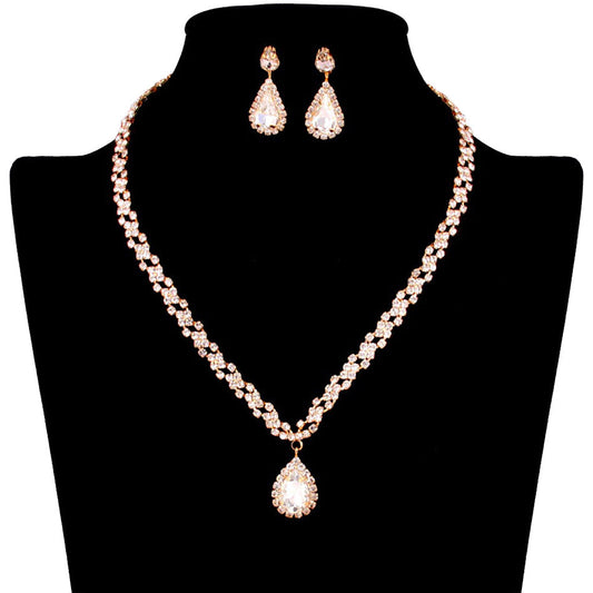 Gold Teardrop Stone Pendant Accented Rhinestone Pave Necklace, is a stunning jewelry set that will sparkle all night long making you shine like a diamond on special occasions. Wear together or separately according to your event with different outfits to add perfect luxe and class with incomparable beauty. 