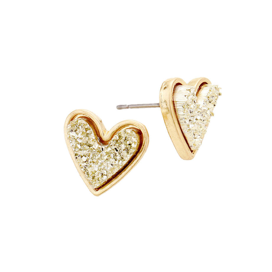 Gold Trendy Fashionable Druzy Heart Stud Earrings, put on a pop of color to complete your ensemble. Perfect for adding just the right amount of shimmer & shine and a touch of class to special events. Perfect Birthday Gift, Anniversary Gift, Mother's Day Gift, Graduation Gift.