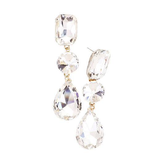 Gold Triple Crystal Rhinestone Evening Earrings. Elegance becomes you in these shiny glamorous Rhinestone earrings, the perfect sparkling accessory to add some sophisticated fun to your next social event. Coordinate this evening earrings with any ensemble from business casual wear, the perfect addition to every outfit. Perfect Gift Birthday, Holiday, Christmas, Valentine's Day, Anniversary, Just Because gift.