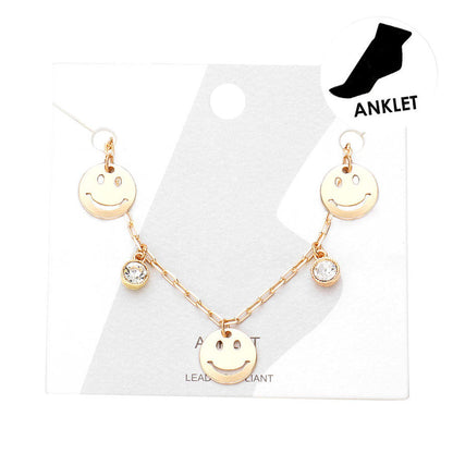 Gold Triple Metal Smile Double Round Stone Station Anklet, Look like the ultimate fashionista with these Anklet! Add something special to your outfit! special It will be your new favorite accessory. Perfect Birthday Gift, Anniversary Gift, Mother's Day Gift, Anniversary Gift, Graduation Gift, Thank you Gift.