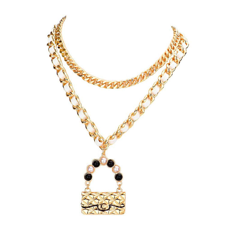 Gold White 2PCS Metal Chain Pearl Embellished Bag Pendant Necklaces, shiny polished, Simple sophisticated metal chain with bag style pendant provides a flash of color to any outfit style, Perfect for adding just the right amount of shimmer & shine and a touch of class to special events. Perfect Birthday Gift, Anniversary Gift, Mother's Day Gift, Graduation Gift, Prom Jewelry, Thank you Gift.