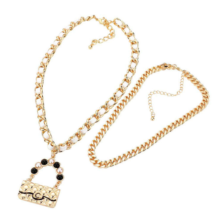 Gold White 2PCS Metal Chain Pearl Embellished Bag Pendant Necklaces, shiny polished, Simple sophisticated metal chain with bag style pendant provides a flash of color to any outfit style, Perfect for adding just the right amount of shimmer & shine and a touch of class to special events. Perfect Birthday Gift, Anniversary Gift, Mother's Day Gift, Graduation Gift, Prom Jewelry, Thank you Gift.