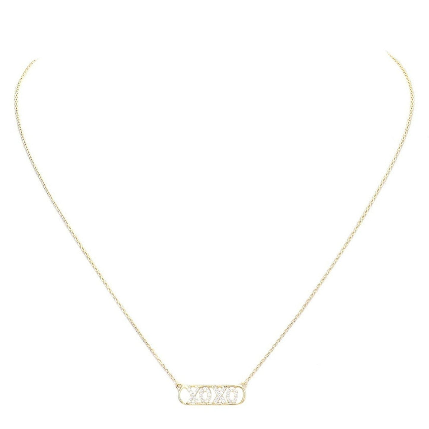 Gold Xoxo Brass Metal Rhinestone Embellished Message Pendant Necklace, Get ready with these Pendant Necklace, put on a pop of color to complete your ensemble. Perfect for adding just the right amount of shimmer & shine and a touch of class to special events. Perfect Birthday Gift, Anniversary Gift, Mother's Day Gift, Valentine's Day Gift.