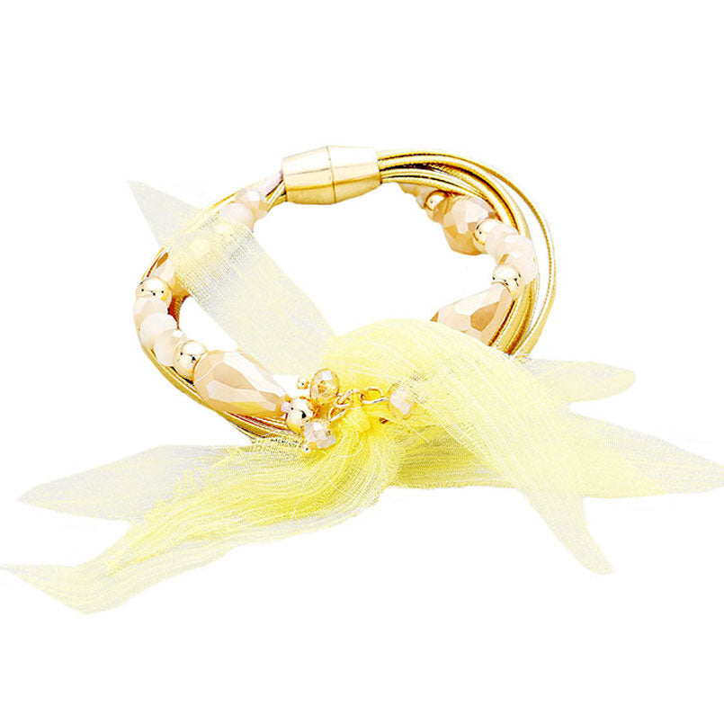 Gold Yellow Multi Strand Cord Beaded Mesh Flower Magnetic Bracelet Make a statement with these message bracelets, very easy to put on, take off and so comfortable for daily wear. Pair these with tee and jeans and you are good to go. It will be your new favorite go-to accessory. Perfect Birthday gift, friendship day, Mother's Day, Graduation Gift.