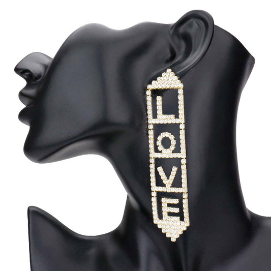 Golden Love Rhinestone Pave Message Earrings, gives you a glowing look with glittering beauty. Attract the environment with a gorgeous look with any outfit and any place. It's a perfect gift for your friends, family, and beloved ones for their Birthday, Anniversary, Mother's Day, Graduation Party, Costume Party, Cosplays, Display, Halloween Party, Christmas Party, Valentine's Day, etc. Glow with the shine of confidence with our lovely earrings.