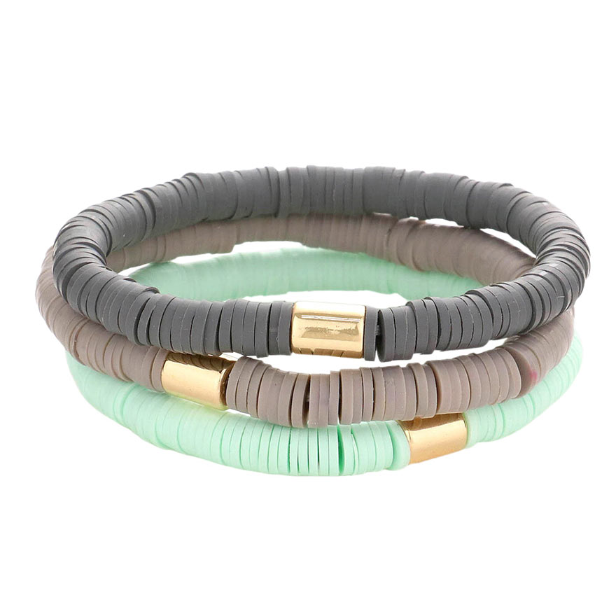Gray 3PCS Metal Cylinder Heishi Beaded Stretch Bracelets, Add this 3-piece beaded Stretch bracelet to light up any outfit and feel absolutely flawless. Fabulous fashion and sleek style add a pop of pretty color to your attire. Perfect gifts for weddings, Prom, birthdays, anniversaries, Valentine‚Äö√Ñ√¥s Day, or any occasion.