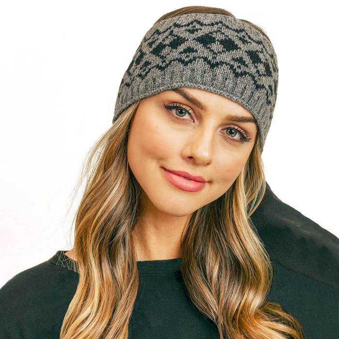 Gray Aztec Pattern Ear Warmer Headband, Ear Warmer Headband with a beautiful Aztec Pattern can be worn centered or to the side for your comfort. It will shield your ears from cold winter weather ensuring all-day comfort and warmth. The headband is soft, comfortable, and warm adding a touch of classy style to your look. Show off your trendsetting style when you wear this ear warmer and be protected in the cold winter winds. Stay trendy and cozy.