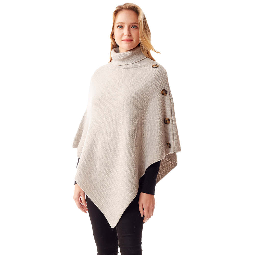 Gray Button Pointed Solid Turtle Neck Poncho, provides warmth, comfort in a cold day while keeping your look chic and feminine. Coordinates with all your winter outfits. Perfect Birthday Gift, Christmas Gift, Anniversary Gift, Regalo Navidad, Regalo Cumpleanos, Valentine's Day Gift, Dia del Amor, Asymmetrical Poncho Wrap