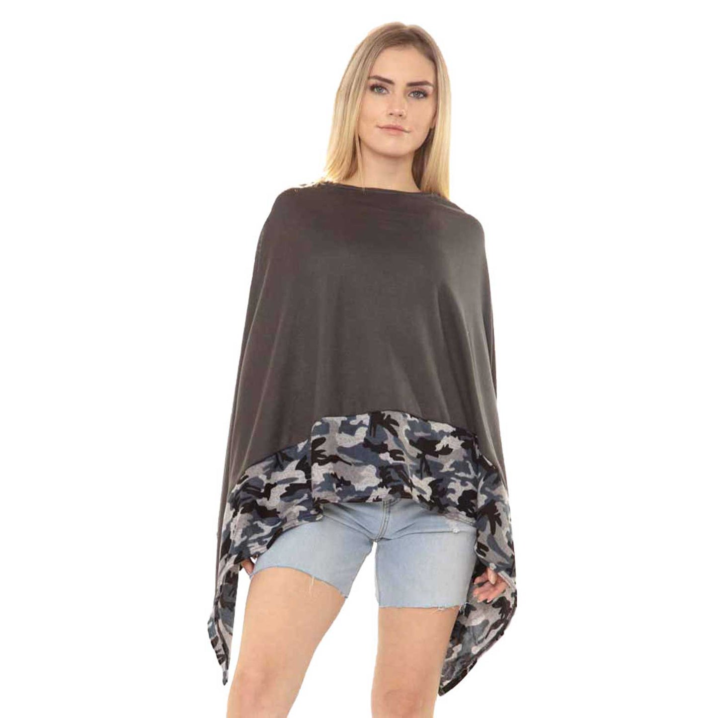 Gray Camouflage Pattern Trim Poncho, This timeless trim Poncho is Soft, Lightweight and Breathable Fabric, Close to Skin, Comfortable to Wear. Sophisticated, flattering and cozy, this Poncho drapes beautifully for a relaxed, pulled-together look. Suitable for Weekend, Work, Holiday, Beach, Party, Club, Night, Evening, Date, Casual and Other Occasions in Spring, Summer and Autumn.