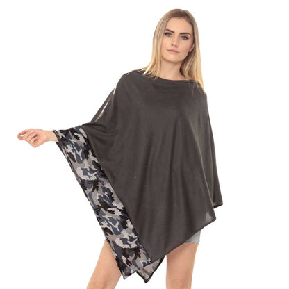 Gray Camouflage Pattern Trim Poncho, This timeless trim Poncho is Soft, Lightweight and Breathable Fabric, Close to Skin, Comfortable to Wear. Sophisticated, flattering and cozy, this Poncho drapes beautifully for a relaxed, pulled-together look. Suitable for Weekend, Work, Holiday, Beach, Party, Club, Night, Evening, Date, Casual and Other Occasions in Spring, Summer and Autumn.