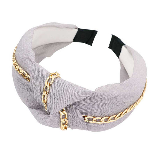 Gray Chain Trim Knot Headband, Take your outfit to the next level in this gorgeous gold color chain knot headband! This headband is an easy way to dress up your outfit. It's just so chic! Be the ultimate trendsetter wearing this chic headband with all your stylish outfits! Very beautiful accessory for ladies, For occasions: parties, birthdays, weddings, festivals, dances, celebrations, ceremonies, gift and other daily activities.