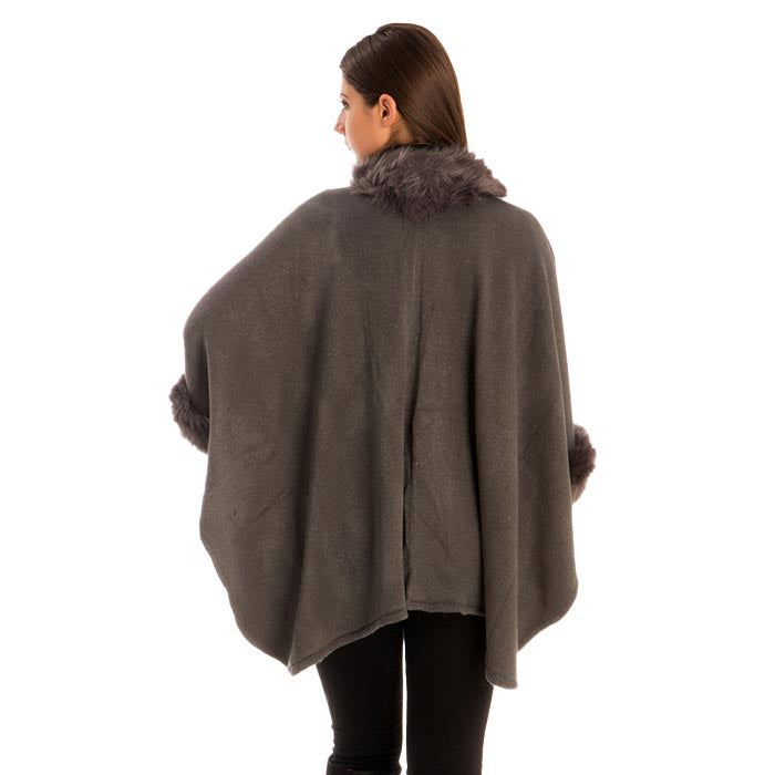 Gray Faux Fur Trim Shawl Poncho, is the perfect accessory and trendy soft chic shawl that amps up your beauty and keeps you warm and toasty on winter and cold days. You can throw it on over so many pieces elevating any casual outfit! Easy to put on and off. Before running out of the door, you'll want to wear this poncho to save yourself from the cold and chill in the winter. This poncho would make an ideal present for the loved one or a perfect treat for yourself!