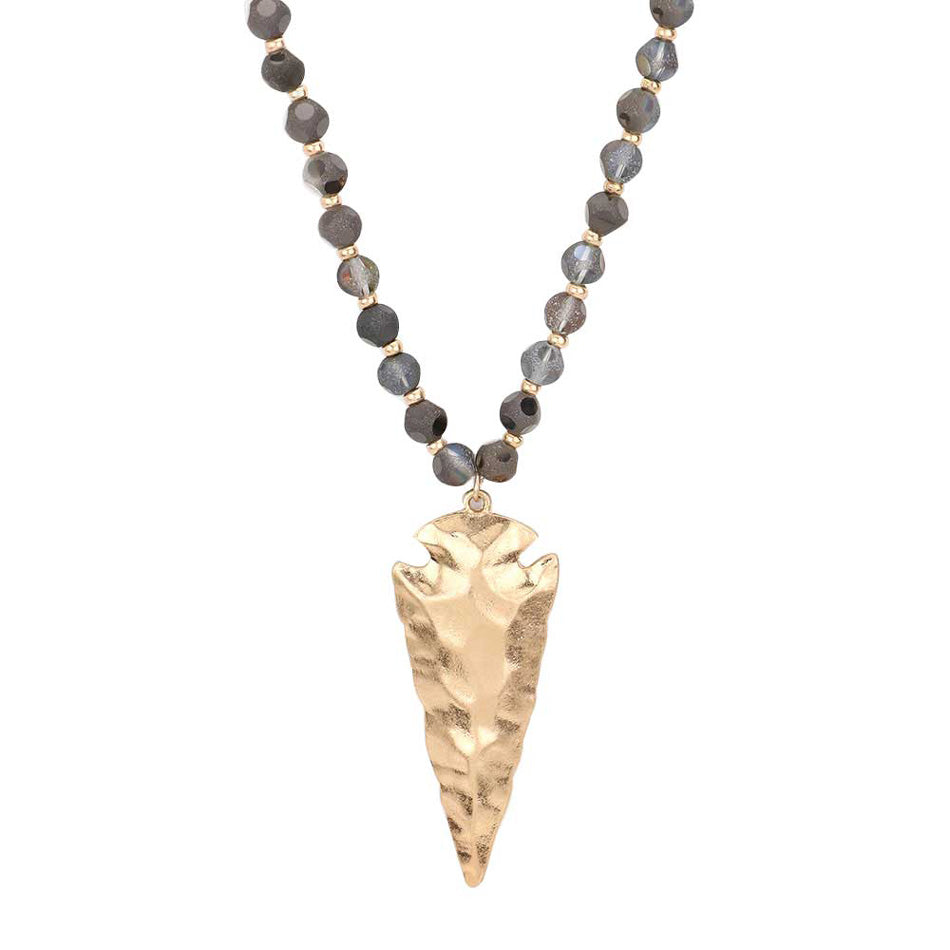 Gray Hammered Metal Arrow Pendant Faceted Beads Long Necklace, The arrowhead pendant design is trendy and chic, cool and special, goes well with other accessories, make you more charming and edgy among the crowds.  This faceted beads necklace pendant is suitable for any occasion, Perfect Birthday Gift, Anniversary Gift, Mother's Day Gift. 