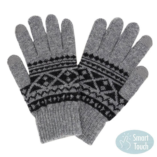 Gray Knit Aztec Smart Gloves, ensure you keep warm and toasty in a fashionable way in winter and on cold days. Perfect to complete your trendy outfit. It's perfect to use your electronic devices and touchscreens with ease while keeping your fingers covered, and swiping away! A pair of these gloves are a cool gift this winter for your family, friends, anyone you love, and even yourself. Enjoy the winter in a cool way!