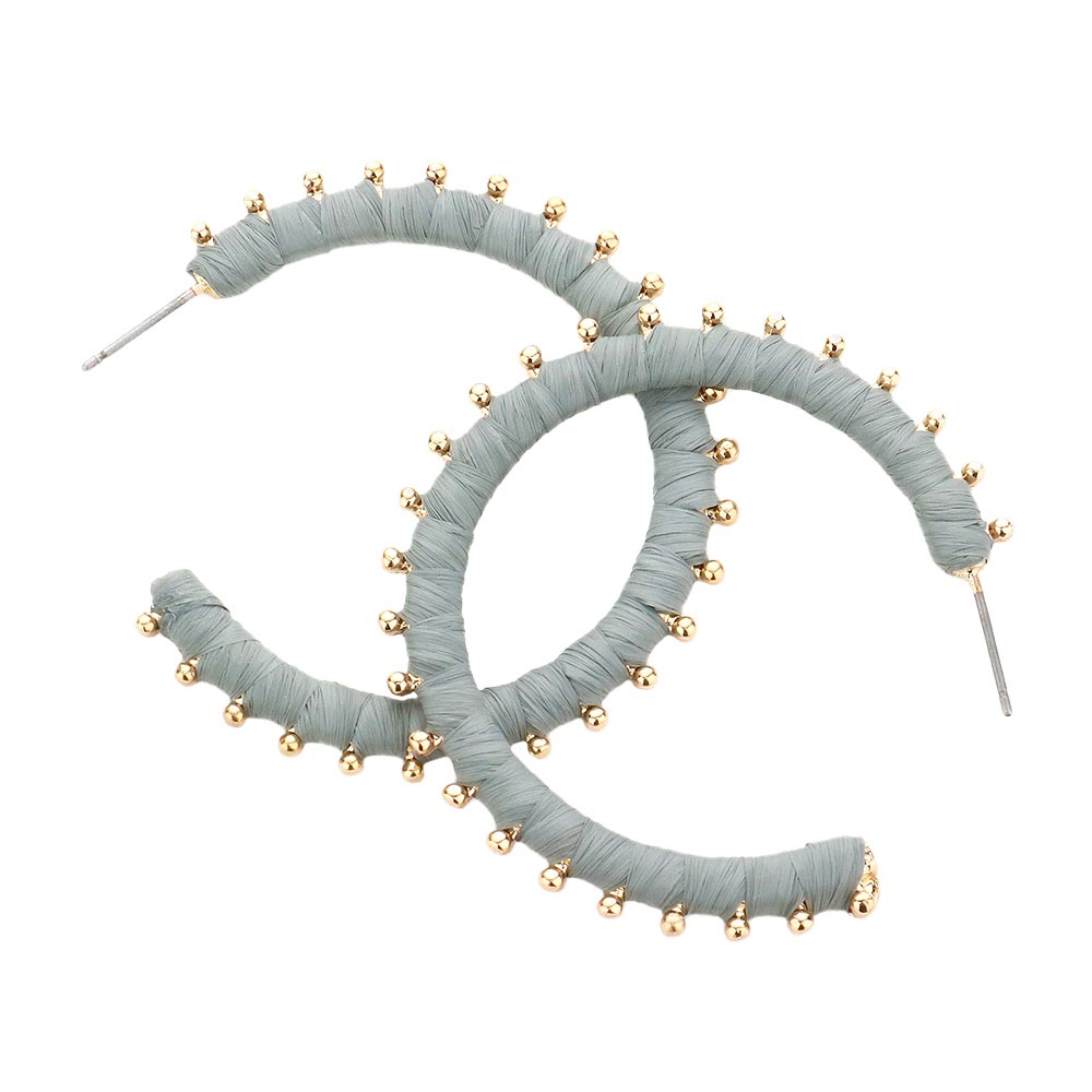 Gray Metal Ball Trimmed Raffia Wrapped Hoop Earrings, enhance your attire with these beautiful raffia earrings to show off your fun trendsetting style. Get a pair as a gift to express your love for any woman person or for just for you on birthdays, Mother‚Äö√Ñ√¥s Day, Anniversary, Holiday, Christmas, Parties, etc.
