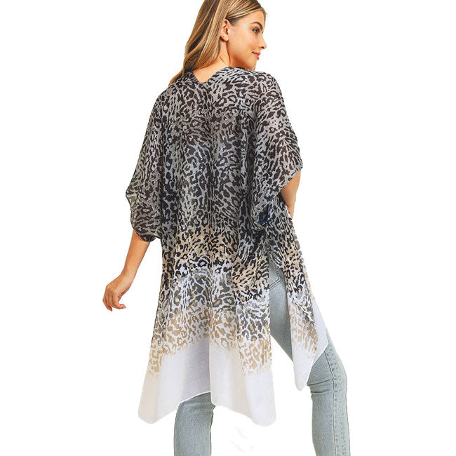 Gray Multi Color Leopard Patterned Cover Up Kimono Poncho, The lightweight Poncho top is made of soft and breathable Polyester material. short sleeve swimsuit cover up with open front design, simple basic style, easy to put on and down. Perfect Gift for Wife, Mom, Birthday, Holiday, Anniversary, Fun Night Out.