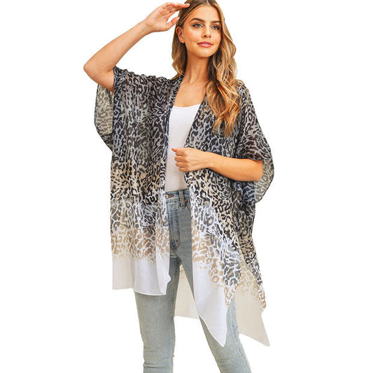 Gray Multi Color Leopard Patterned Cover Up Kimono Poncho, The lightweight Poncho top is made of soft and breathable Polyester material. short sleeve swimsuit cover up with open front design, simple basic style, easy to put on and down. Perfect Gift for Wife, Mom, Birthday, Holiday, Anniversary, Fun Night Out.