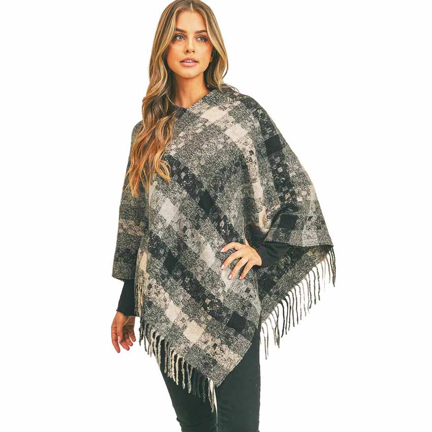 Gray Multi Color Pixel Check Poncho, adds gorgeousness and confidence in your beauty. Lightweight and Breathable Fabric, Comfortable to Wear. Suitable for any Occasions in Spring, Summer, and Autumn. It fits with any outfit and any place. Perfect gift for Wife, Mom, Birthday, Holiday, Christmas, Anniversary, Fun night out. Make your moment stylish and attractive.