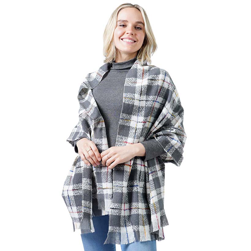 Gray Plaid Check Oblong Scarf, accents your look with a soft, highly versatile plaid design and keeps you warm and toasty on cold days and in winter. A rugged staple brings a classic look. The variety of its color adds harmony & completes your outfit in style. You will feel cozy, comfortable, and confident everywhere with this oblong scarf. Throw it on over so many pieces elevating any casual outfit!