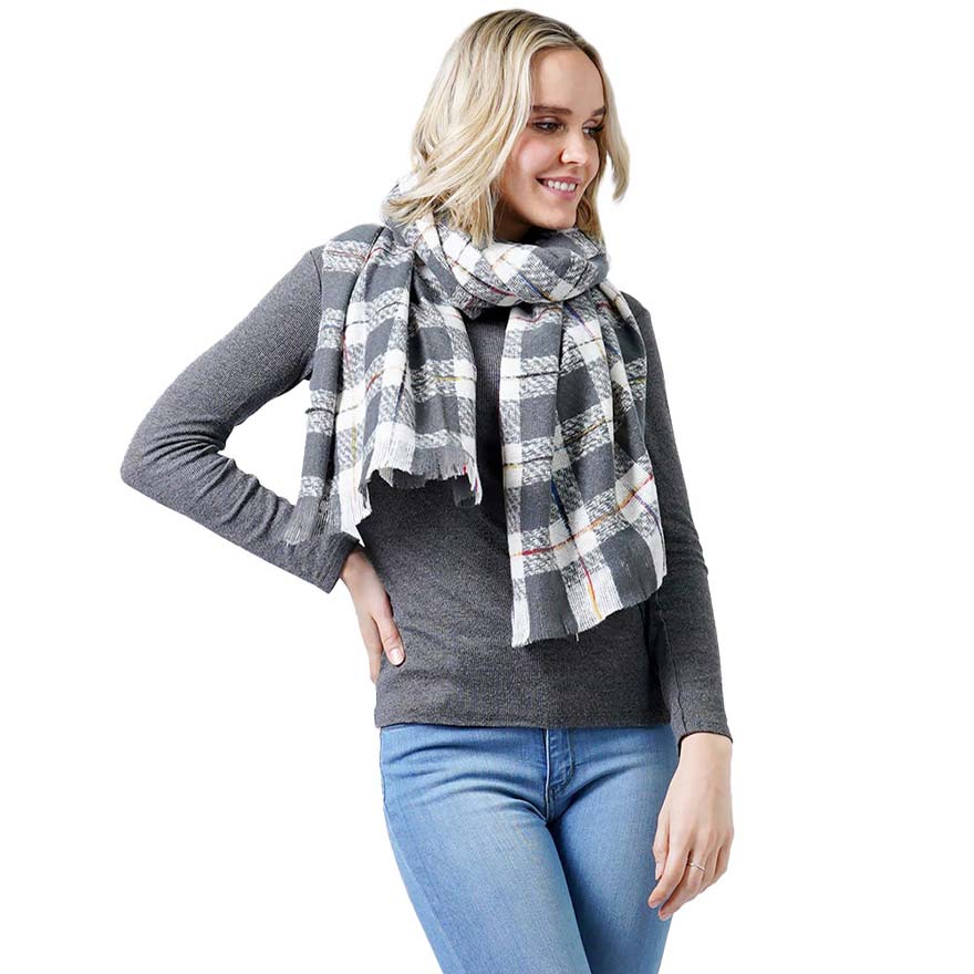 Gray Plaid Check Oblong Scarf, accents your look with a soft, highly versatile plaid design and keeps you warm and toasty on cold days and in winter. A rugged staple brings a classic look. The variety of its color adds harmony & completes your outfit in style. You will feel cozy, comfortable, and confident everywhere with this oblong scarf. Throw it on over so many pieces elevating any casual outfit!