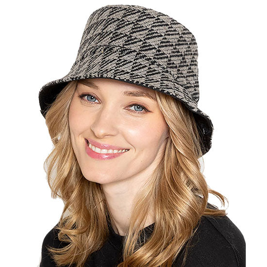 Gray Polyester Geometric Patterned Bucket Hat, this bucket hat doubles as a rain hat and is snug on the head and stays on well. It will work well to keep the rain off the head and out of the eyes and also the back of the neck. Wear it to lend a modern liveliness above a raincoat on trans-seasonal days in the city.