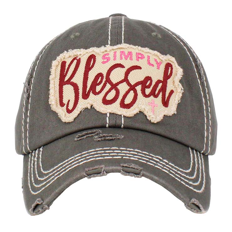 Gray Simply Blessed Vintage Baseball Cap, A beautiful & cool religious-themed vintage cap that will not only save a bad hair day but also amps up your beauty to a greater extent. This Simply Blessed message embroidered baseball hat is made for you. It's fully adjustable and easy to wear in the perfect style! Perfect to keep your hair away from your face while exercising, running, playing tennis, or just taking a walk outside.