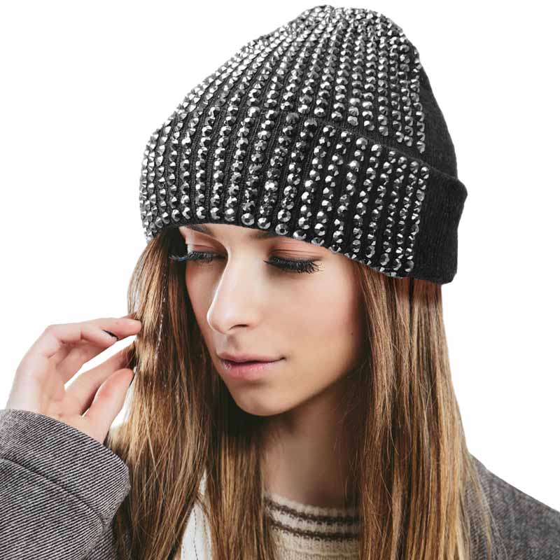 Gray Single Sided Studded Knit Beanie Hat, The beanie hat is made of soft, gentle, skin-friendly, and elastic fabric, which is very comfortable to wear. This Single Sided design is embellished with a shimmering Studded for the ultimate glam look! It provides warmth to your head and ears, protects you from the wind, chill & cold weather, and becomes your ideal companion in autumn and winter. Suitable for wearing for a variety of outdoor activities.