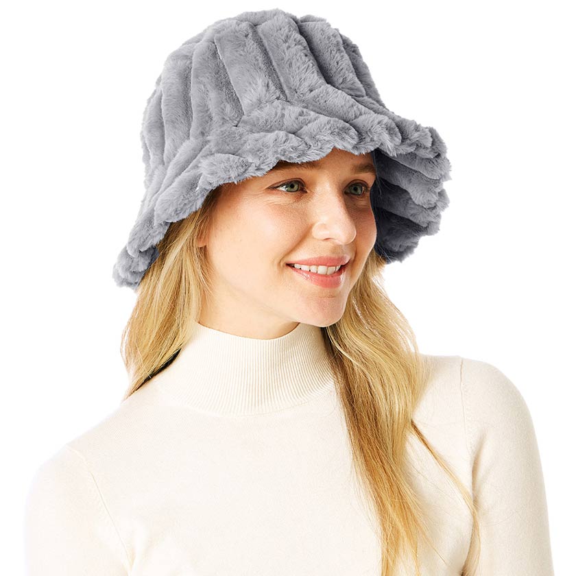 Gray Soft Faux Fur Bucket Hat, show your trendy side with this Faux Fur Bucket Hat. Adds a great accent to your wardrobe. This elegant, timeless & classic Bucket Hat looks fashionable. Perfect for a bad hair day, or simply casual everyday wear.  Accessorize the fun way with this Solid bucket hat. It's the autumnal touch you need to finish your outfit in style. Awesome winter gift accessory for that fashionable on-trend friend.