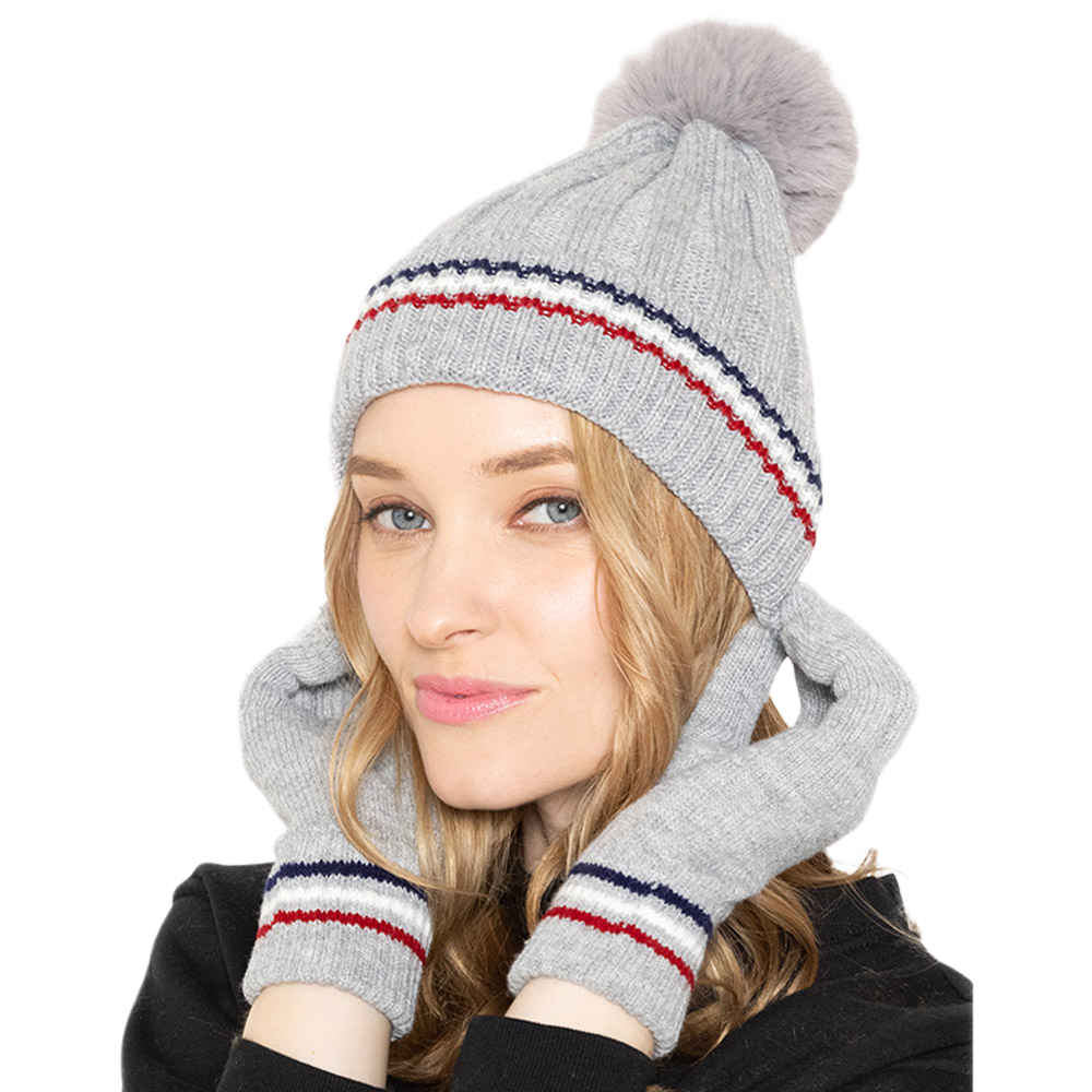 Gray Stripe Pointed Faux Fur Pom Pom Knit Beanie Hat; reach for this classic toasty hat to keep you nice n warm in the chilly winter weather, the wintry touch finish to your outfit. Perfect Gift Birthday, Christmas, Holiday, Anniversary, Stocking Stuffer, Secret Santa, Valentine's Day, Loved One, BFF