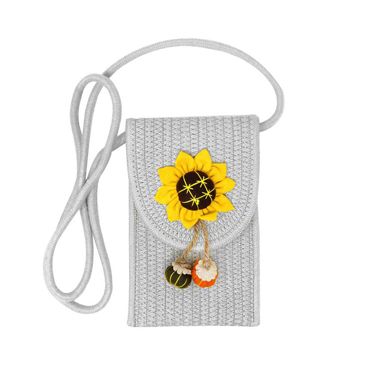 Gray Sunflower Patch Accented Mini Straw Crossbody Bag, these straw Crossbody Bag are designed with Sunflower Patch, looking lovely and attractive; they are lightweight to carry and durable to serve you for a long time, giving you good use feeling; Easy to carry specially when you need hands-free, fun, vibrant colors casual or a night out on the town or hang out on the beach. Perfect Birthday Gift, Valentine's Day Gift, Anniversary Gift, Loved One Gift, Mother's Day Gift, Vacation, etc