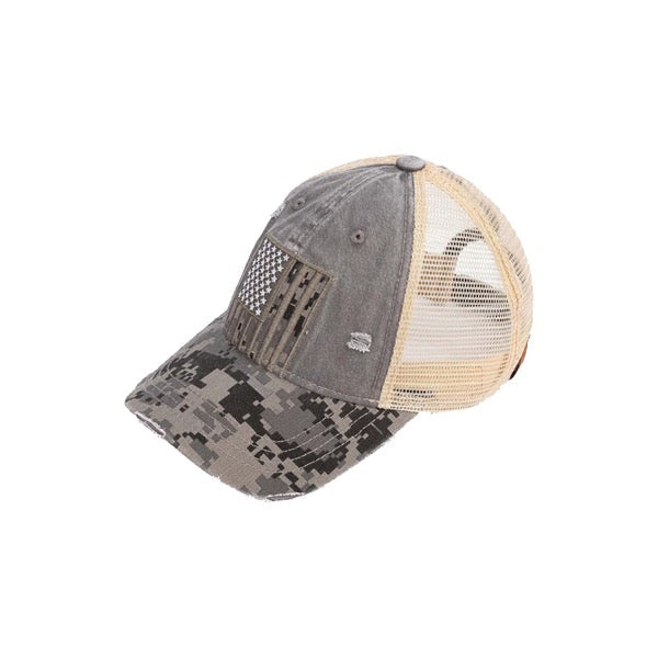 Gray US Flag Ponytail Baseball Cap, comfy vintage cap great for a bad hair day, pull your bun or ponytail thru the back opening, great for keeping your hair away from face while exercising, running, playing sports or just taking a walk. Perfect Birthday Gift, Mother's Day Gift, Anniversary Gift, Thank you Gift, Graduation