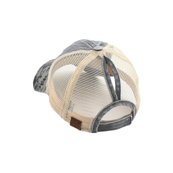 Gray US Flag Ponytail Baseball Cap, comfy vintage cap great for a bad hair day, pull your bun or ponytail thru the back opening, great for keeping your hair away from face while exercising, running, playing sports or just taking a walk. Perfect Birthday Gift, Mother's Day Gift, Anniversary Gift, Thank you Gift, Graduation