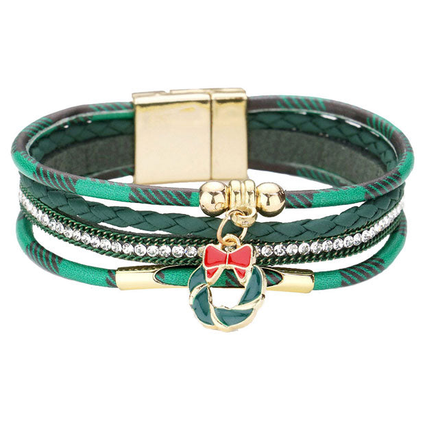 Green Enamel Christmas Wreath Charm Faux Leather Magnetic Bracelet, Get ready with these bright Bracelet, put on a pop of color to complete your ensemble. Perfect for adding just the right amount of shimmer & shine and a touch of class to special events. Perfect Birthday Gift, Anniversary Gift, Mother's Day Gift, Graduation Gift.