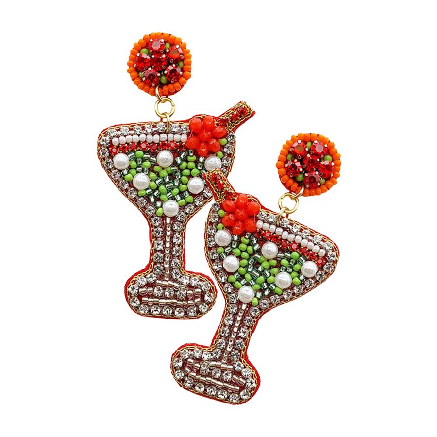 Green Neon Felt Back Martini Rhinestone Pearl Beads Dangle Earrings, complete the appearance of elegance and royalty to drag the attention of the crowd on special occasions with this pearl accented rhinestone embellished martini beads dangle earrings.