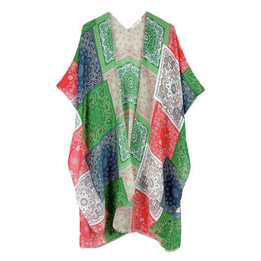 Green Paisley Bandana Patterned Cover Up Kimono Poncho. Lightweight and soft brushed fabric exterior fabric that make you feel more warm and comfortable. Cute and trendy Poncho for women. Great for dating, hanging out, daily wear, vacation, travel, shopping, holiday attire, office, work, outwear, fall, spring or early winter. Perfect Gift for Wife, Mom, Birthday, Holiday, Anniversary, Fun Night Out.