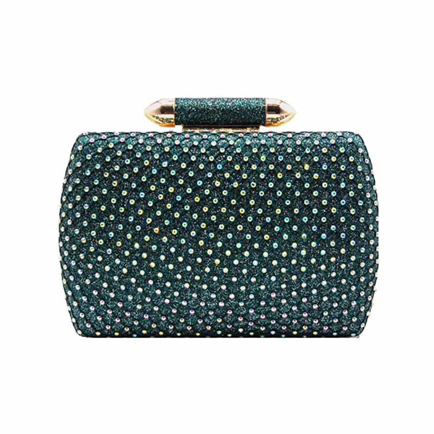 Green Bling Rectangle Evening Clutch Crossbody Bag, These Bling details Clutch bags are fit for all occasions and places. perfect for makeup, money, credit cards, keys or coins, and many more things. This handbag features a top Clasp Closure for security and contains a detachable shoulder chain that makes your life easier and trendier. Its catchy and awesome appurtenance drags everyone's attraction to you. Perfect gift ideas for a Birthday, Holiday, Christmas, Anniversary, Valentine's Day, etc. 