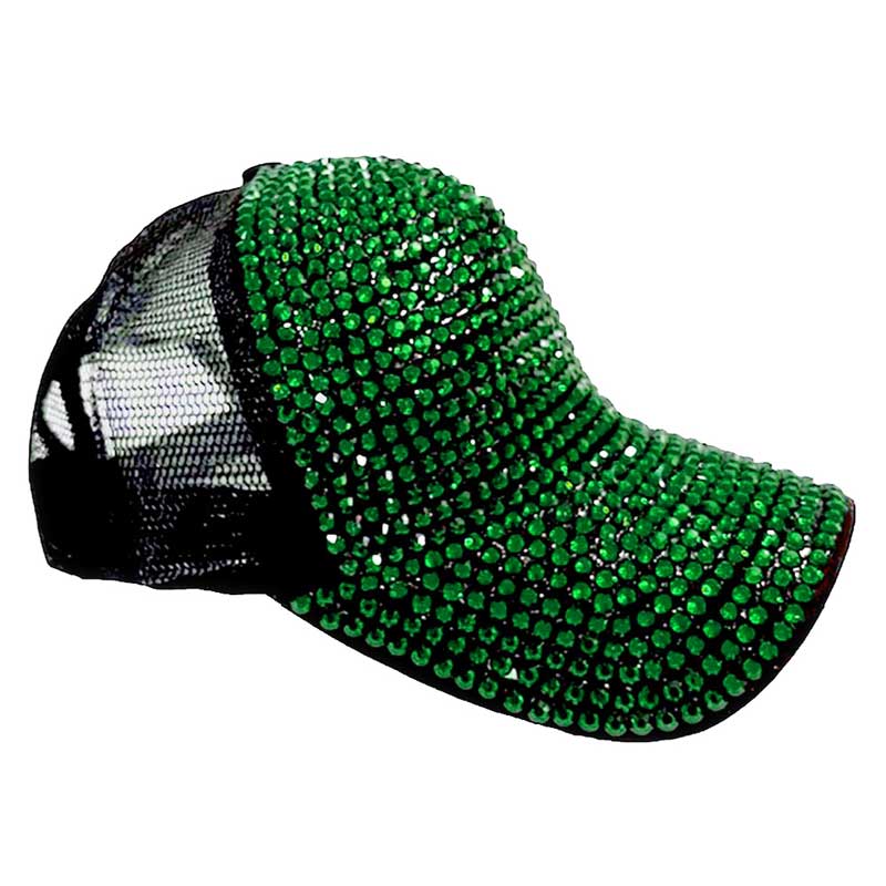 Green Bling Studded Mesh Back Baseball Cap, Front panel studded and fashionable, back mesh fabric makes it breathable and comfortable. The perfect "Bling" hat to keep you stylish, comfortable and on-the-go gorgeous. Wearing this hat can also make your hair don’t cover your face and eyes, make you safe and more convenient in most outdoor activities. perfect for hiking, camping, and other sports. Ideal for summer, Also suit for hip hop dancing, rock and punk style.