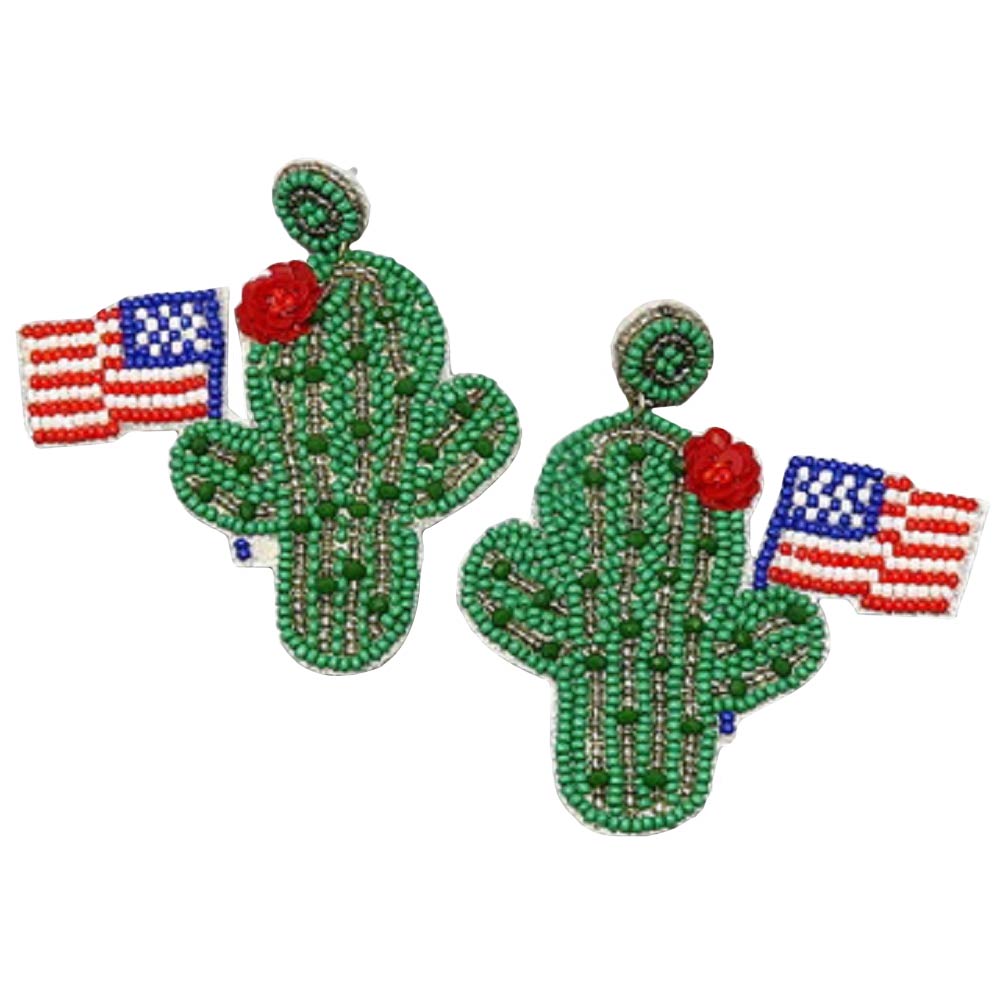 Green Cactus American Flag Seed Beaded Earrings, American flag seed beaded earrings are fun handcrafted jewelry that fits your lifestyle, adding a pop of pretty color. Show your love for Your country with these sweet patriotic seed-beaded earrings. Red, white, and blue are used for a trendy fireworks flare.