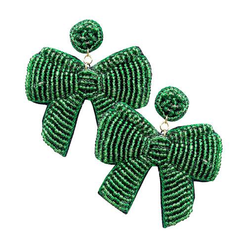 Green Christmas Post Back Seed Bead Bow Dangle Earrings. Get ready with these bright post back earrings, put on a pop of color to complete your ensemble. Perfect for adding just the right amount of shimmer & shine and a touch of class to special events. Perfect Birthday Gift, Anniversary Gift, Mother's Day Gift.