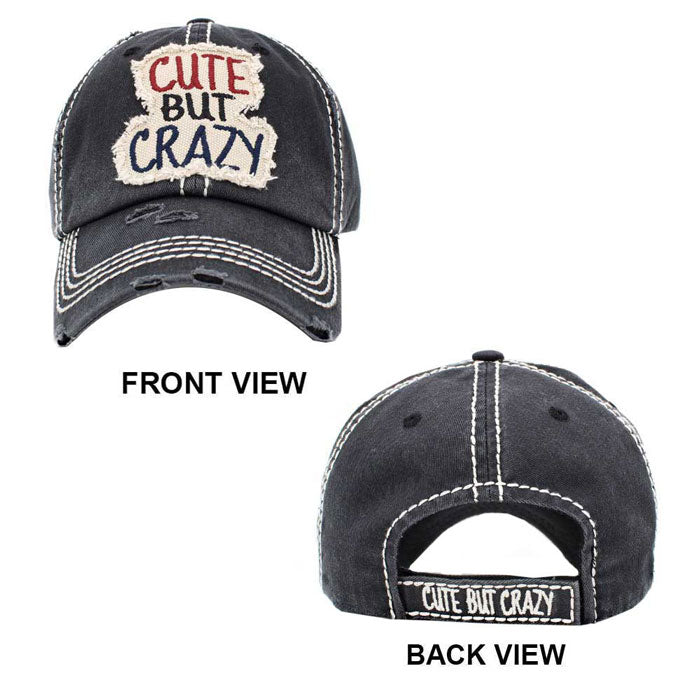 Green Cute But Crazy Message Camouflage Vintage Baseball Cap. This adorable and classic cap combines both colourful styles to turn your head and comfort for your all-day wear. perfect to keep your hair away from you face while exercising, running, playing tennis or just taking a walk outside. Adjustable Velcro strap gives you the perfect fit.