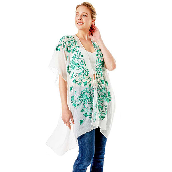 Green Embroidery Floral Cover Up Kimono Cardigan, The lightweight Kimono top is made of soft and breathable material. The fashionista Cardigan Cover up with open front design, simple basic style, easy to put on and down. Perfect Gift for Wife, Birthday, Holiday, Anniversary, Just Because Gift, Fun Night Out.