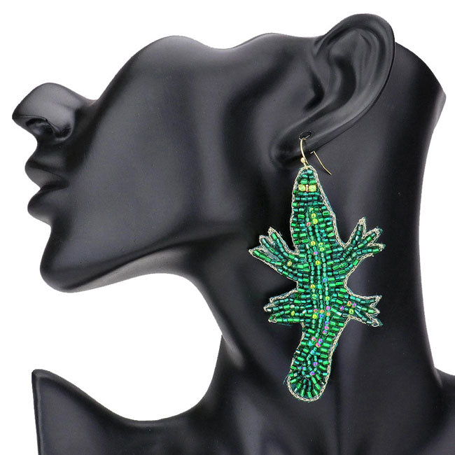 Green Felt Back Beaded Crocodile Dangle Earrings. Beautifully crafted design adds a gorgeous glow to your  outfit. With these Crocodile themed earring rock every party you attend to. Surprise your loved ones on this occasion, great gift idea for Wife, Mom, or your Loving One.