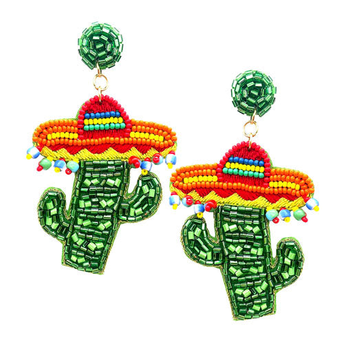 Green Felt Back Multi Beaded Hat Cactus Dangle Earrings.  Take your love for statement accessorizing to a new level of affection with these Multi beaded cactus earrings! Highlight your appearance, grasp everyone's eye in your party. Perfect gift on Christmas, Valentine's Day, Anniversaries as well as birthday for your beloved ones.