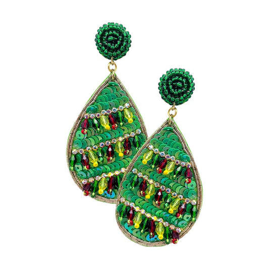Green Felt Back Teardrop Sequin Beaded Dangle Earrings, perfect for the festive season especially Christmas to make your moments awesome. Well this set of beautiful beaded felt earrings are guaranteed to bedazzle any look. A fun statement accessory can tie any look together‚Äö√Ñ√Æpair with a hair scarf and sunglasses and you'll be very stylish! Perfect Gift idea for Birthdays, Christmas, Stocking Stuffers, Secret Santa, BFF, etc. Enjoy Christmas with absolute joy!