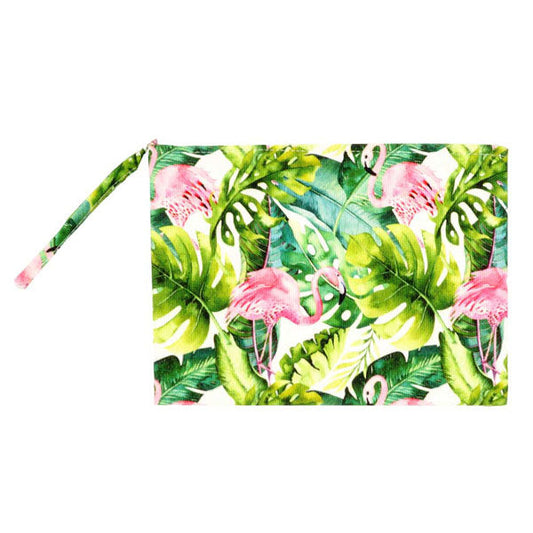 Green Flamingo Tropical Leaf Patterned Pouch Clutch Bag, perfect for makeup, money, credit cards, keys or coins, comes with a wristlet for easy carrying, light and simple. Put it in your bag and find it quickly with it's bright colors. Great for running small errands while keeping your hands free. This fashionable tropical leaf clutch bag will be your new favorite accessory. Perfect Birthday Gift, Mother's Day Gift, Graduation Gift or any other events.